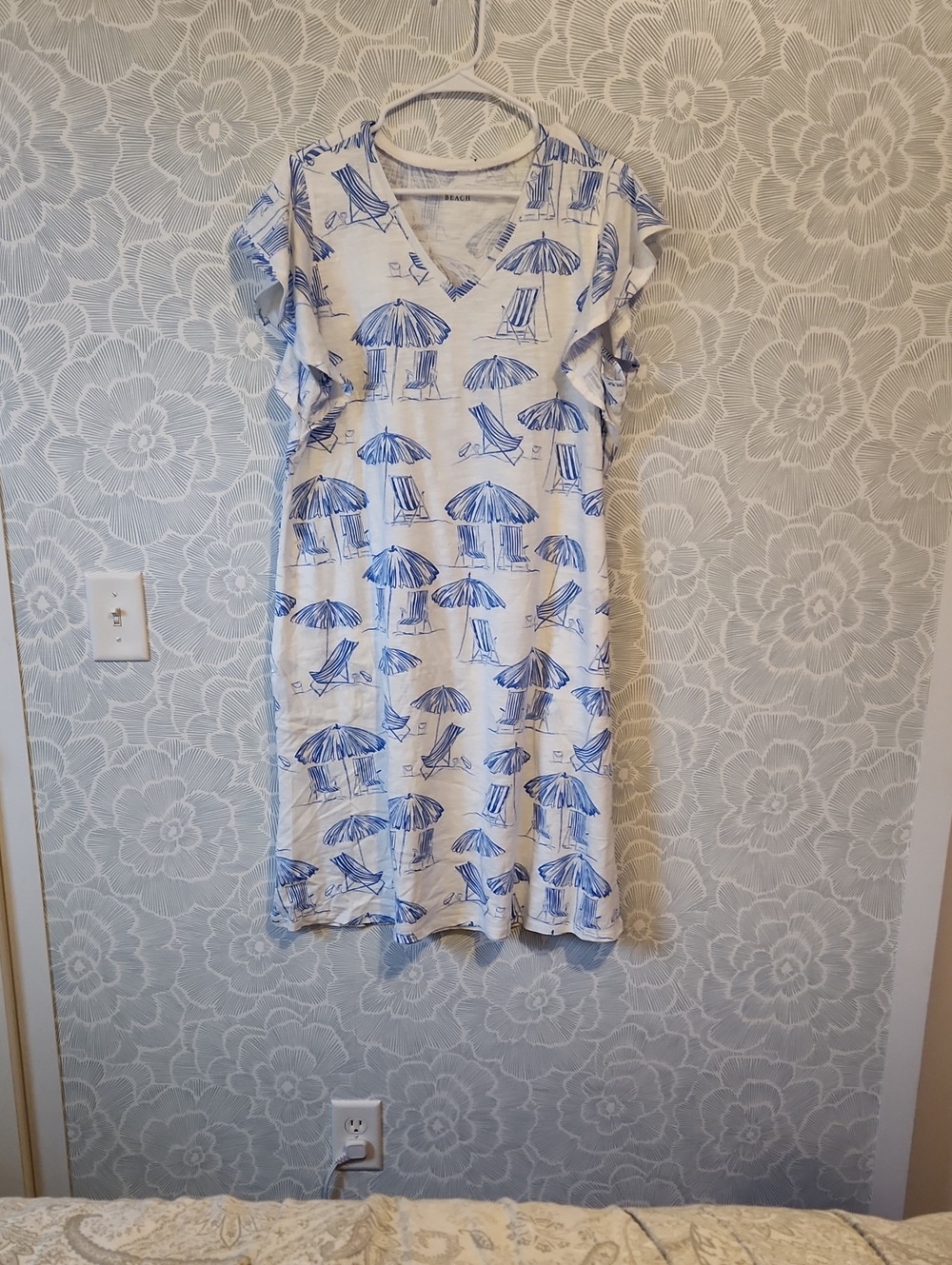 Belle by Kim Gravel White Midi Dress with Blue Beach Umbrella Print
